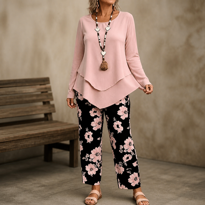Effortless Floral Wide Leg Set for Women with Round Neck Long Sleeve Layered Hem Two Piece Style