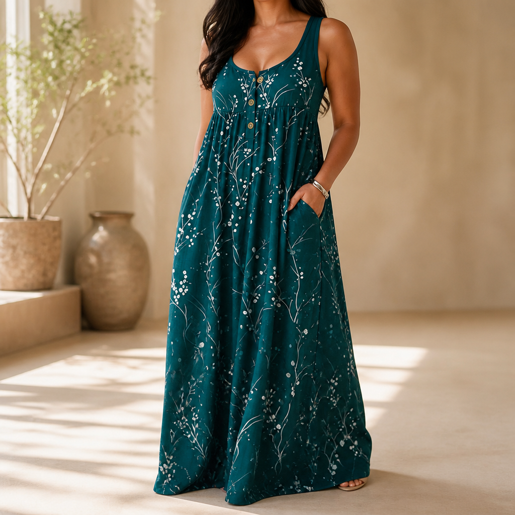 Effortless Plus Size Floral Maxi Dress for Women with Scoop Neck Sleeveless Button Front Autumn Style