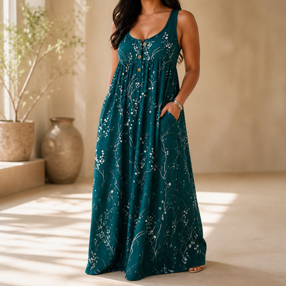 Effortless Plus Size Floral Maxi Dress for Women with Scoop Neck Sleeveless Button Front Autumn Style