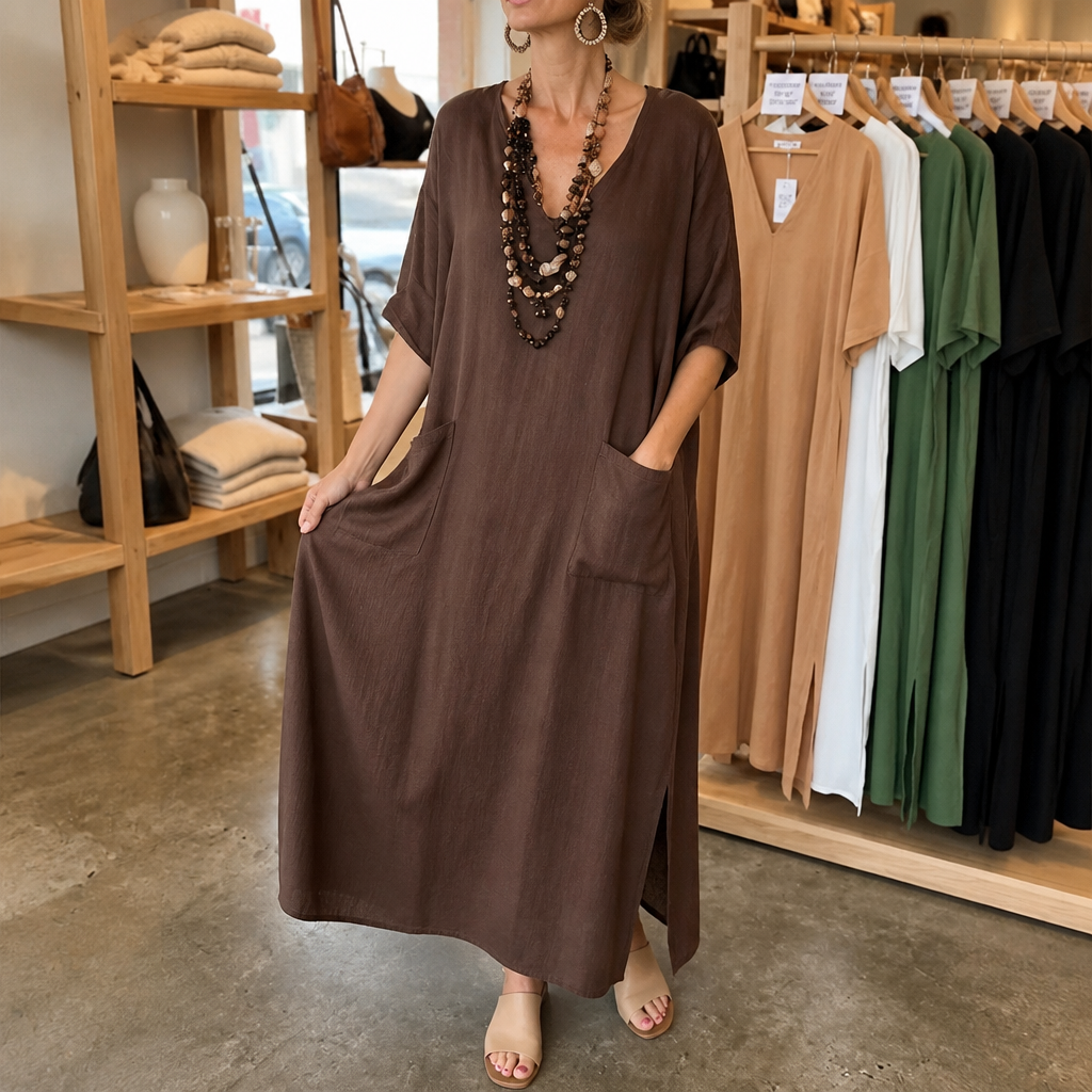 Effortless Linen Maxi Dress for Women with V Neck Half Sleeve Pocket Relaxed Style