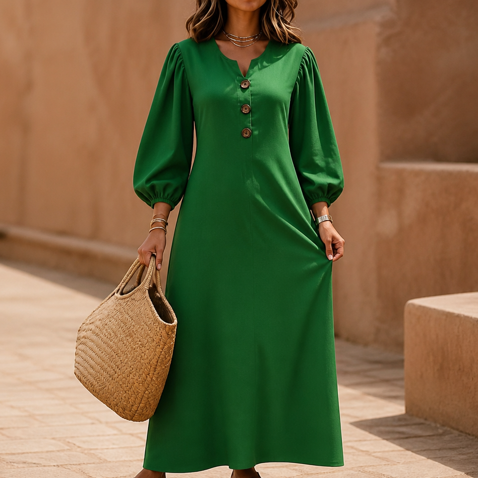 Effortless Button Front Maxi Dress for Women with Notched Neck Bishop Sleeve Flowing Fall Style