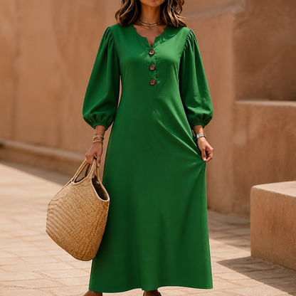 Effortless Button Front Maxi Dress for Women with Notched Neck Bishop Sleeve Flowing Fall Style