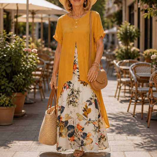 Effortless Floral Maxi Two Piece Set for Women with Round Neck Short Sleeve High Low Duster Fall Style