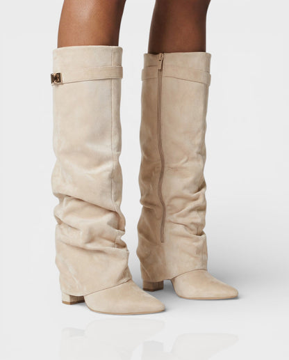 Sleek Suede Knee High Boots for Women with Pointed Toe Slouchy Shaft Side Zip Block Heel Style