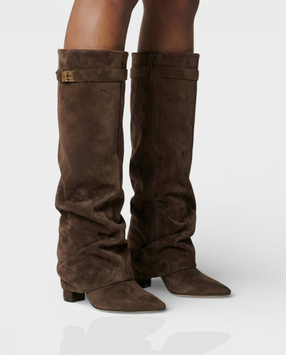 Sleek Suede Knee High Boots for Women with Pointed Toe Slouchy Shaft Side Zip Block Heel Style