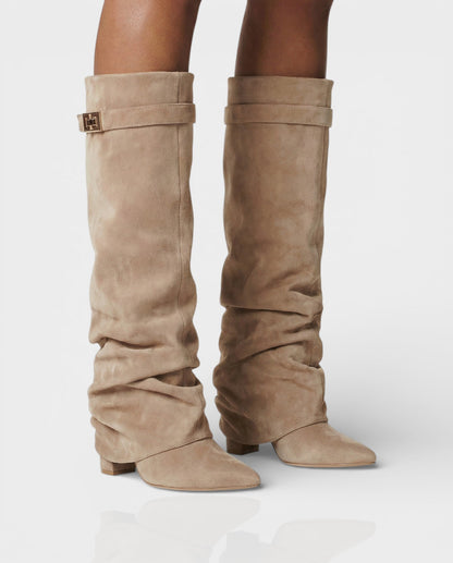 Sleek Suede Knee High Boots for Women with Pointed Toe Slouchy Shaft Side Zip Block Heel Style