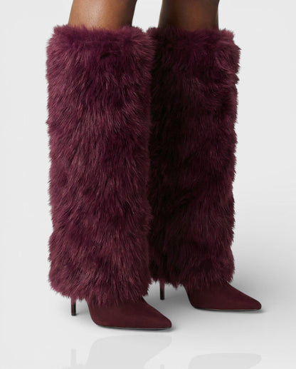 Elegant Faux Fur Knee High Boots for Women with Pointed Toe Stiletto Heel Shaggy Statement Style