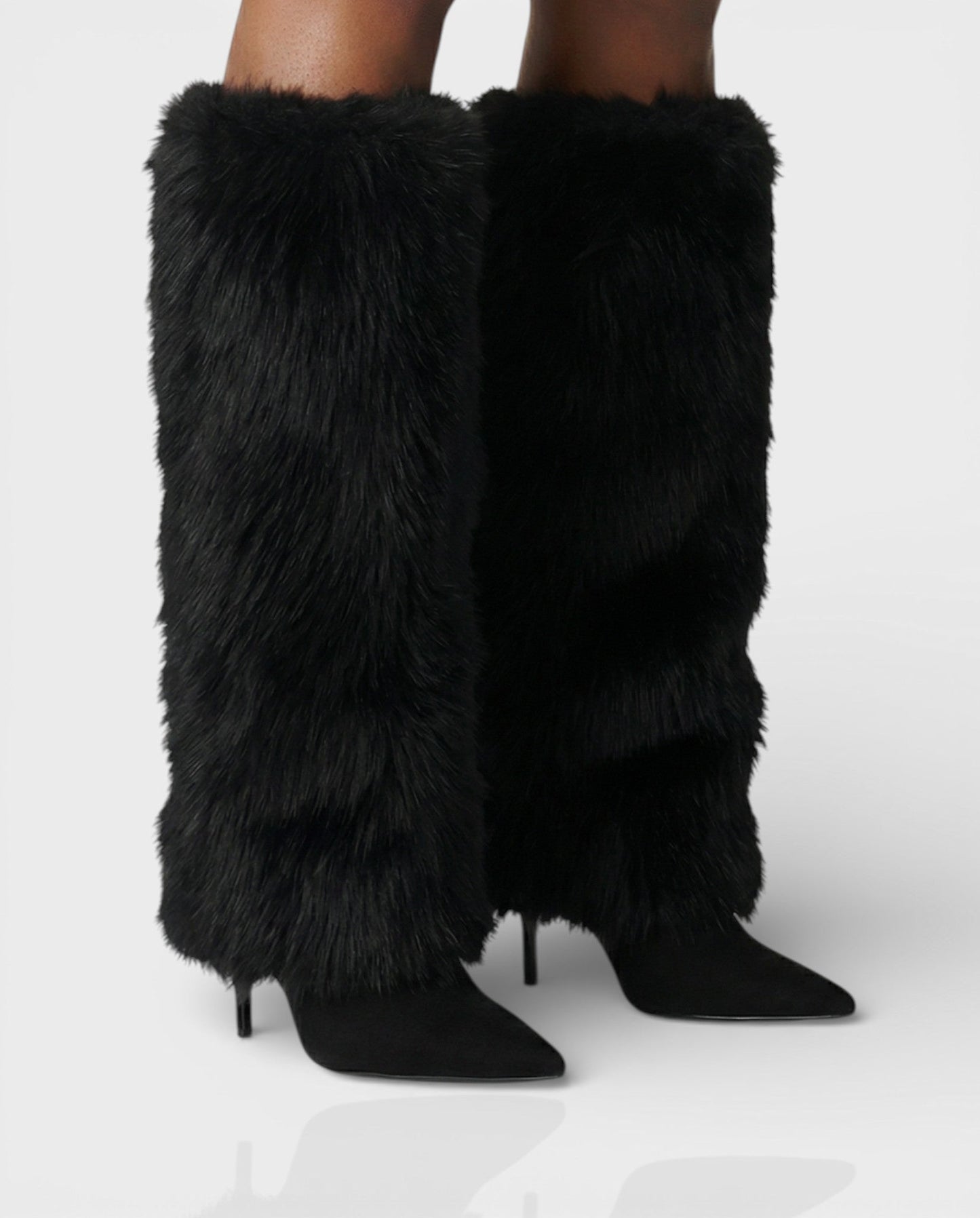 Elegant Faux Fur Knee High Boots for Women with Pointed Toe Stiletto Heel Shaggy Statement Style