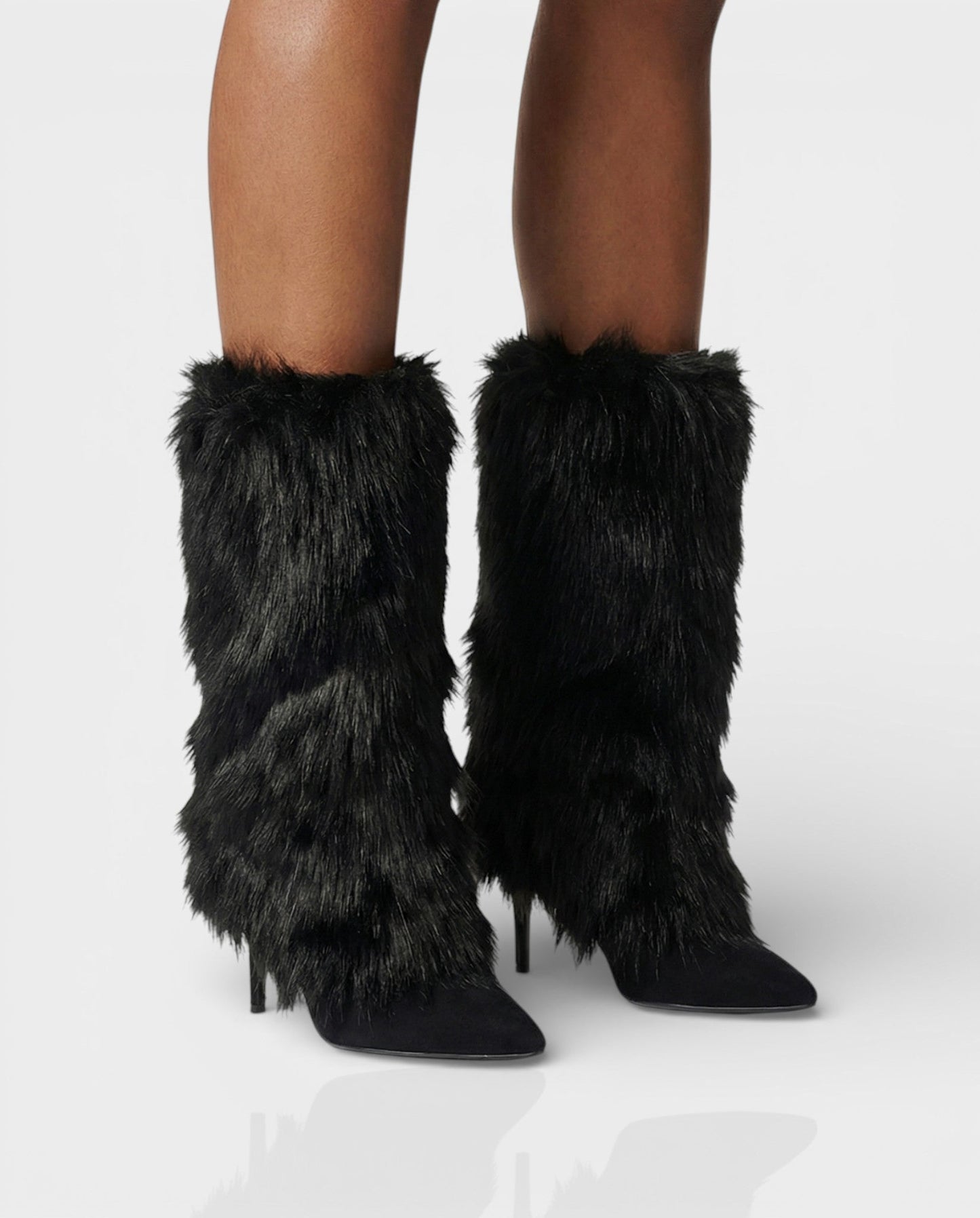 Elegant Black Faux Fur Boots for Women with Pointed Toe Stiletto Heel Knee High Style