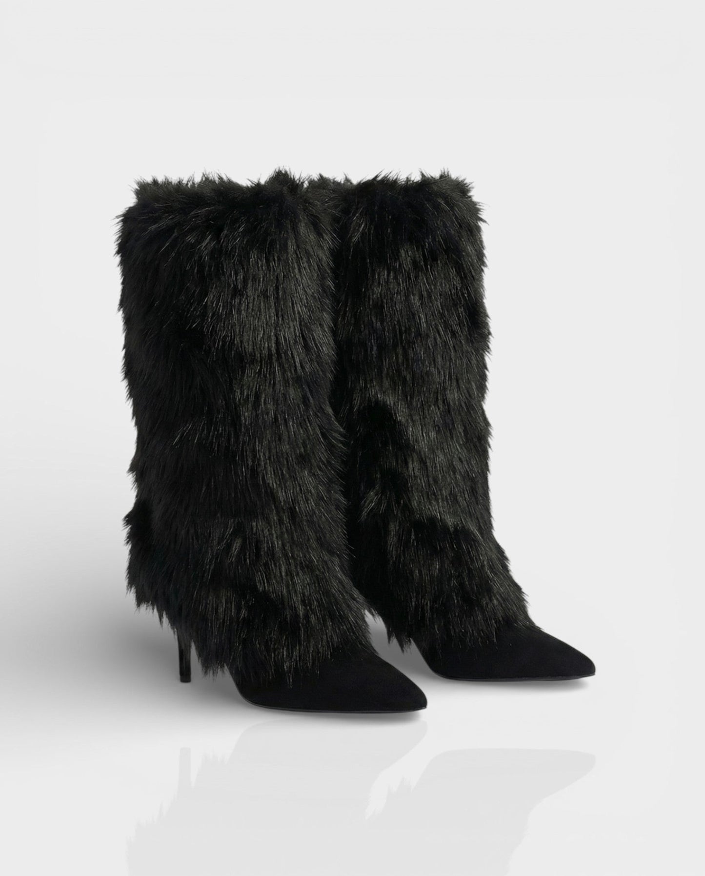 Elegant Black Faux Fur Boots for Women with Pointed Toe Stiletto Heel Knee High Style
