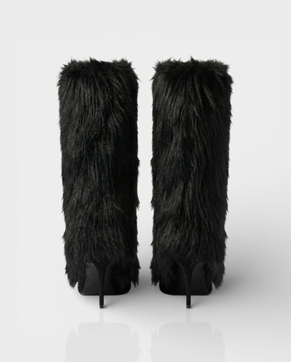 Elegant Black Faux Fur Boots for Women with Pointed Toe Stiletto Heel Knee High Style