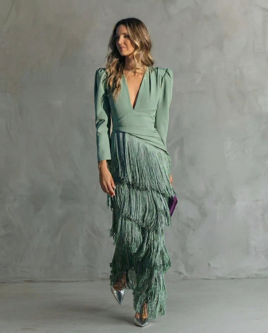 Celeste | Stunning Fringe Tiered Deep V-Neck Maxi Dress
