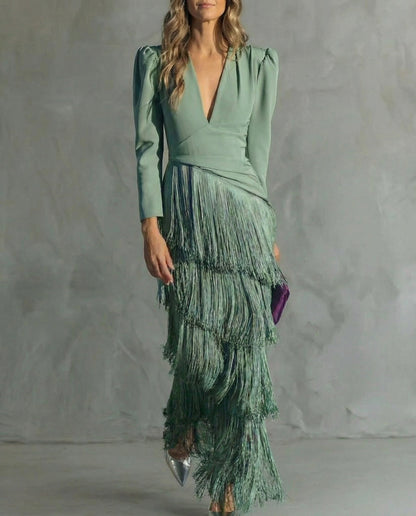 Celeste | Stunning Fringe Tiered Deep V-Neck Maxi Dress