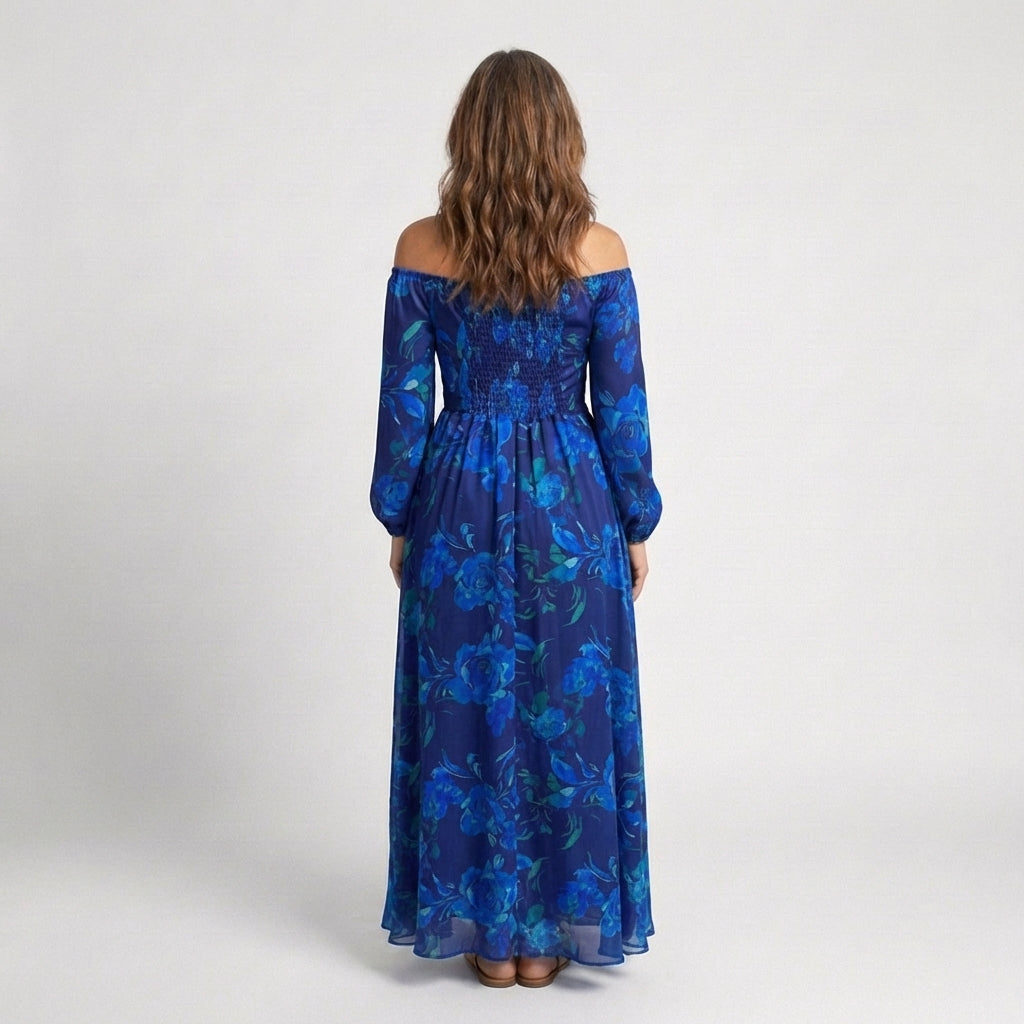 Elegant Blue Floral Fall Wedding Guest Dress for Women with Off Shoulder Long Sleeve Sash Tie Flowing Style