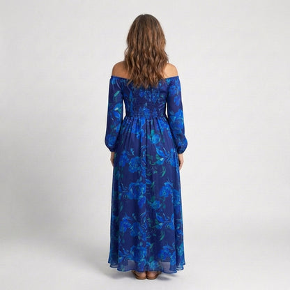 Elegant Blue Floral Fall Wedding Guest Dress for Women with Off Shoulder Long Sleeve Sash Tie Flowing Style