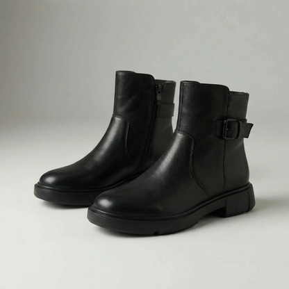 Women's Vintage Ankle Boots Buckle Strap Block Heel Side Zip Round Toe Faux Leather