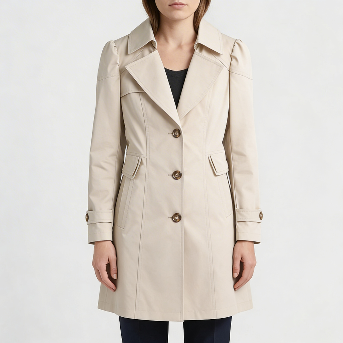 Chic Trench Coat for Women with Notched Lapel Long Sleeve Single Breasted Belted Mid Length Style