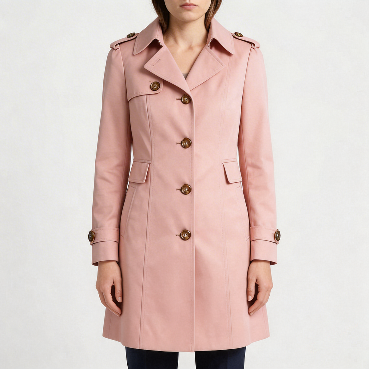 Chic Trench Coat for Women with Notched Lapel Long Sleeve Single Breasted Belted Mid Length Style