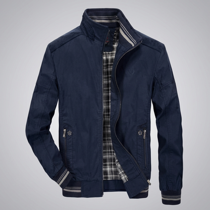 Rugged Harrington Bomber Jacket for Men with Stand Collar Long Sleeve Full Zip Striped Ribbed Style
