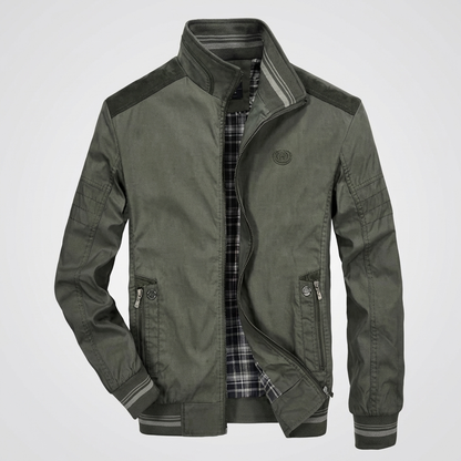 Rugged Harrington Bomber Jacket for Men with Stand Collar Long Sleeve Full Zip Striped Ribbed Style