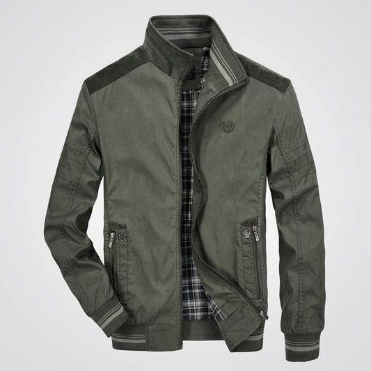 Rugged Harrington Bomber Jacket for Men with Stand Collar Long Sleeve Full Zip Striped Ribbed Style