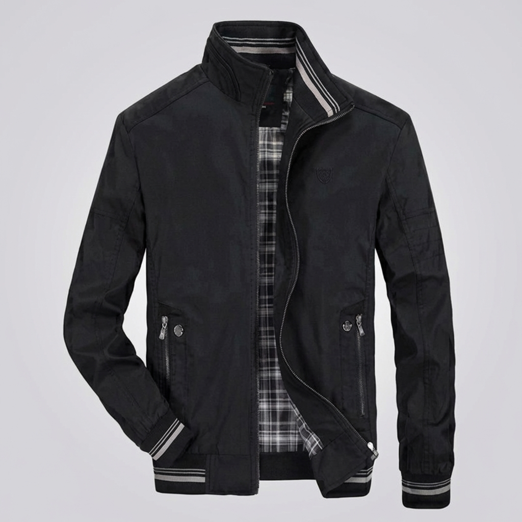 Rugged Harrington Bomber Jacket for Men with Stand Collar Long Sleeve Full Zip Striped Ribbed Style