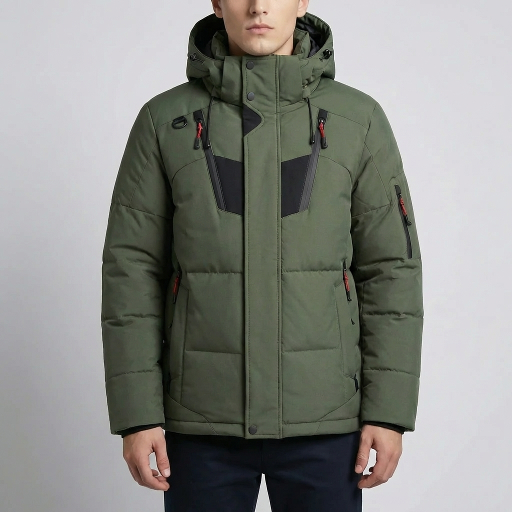 Cozy Puffer Jacket for Men with Hooded Collar Long Sleeve Zip Up Quilted Padded Winter Style