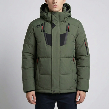 Cozy Puffer Jacket for Men with Hooded Collar Long Sleeve Zip Up Quilted Padded Winter Style