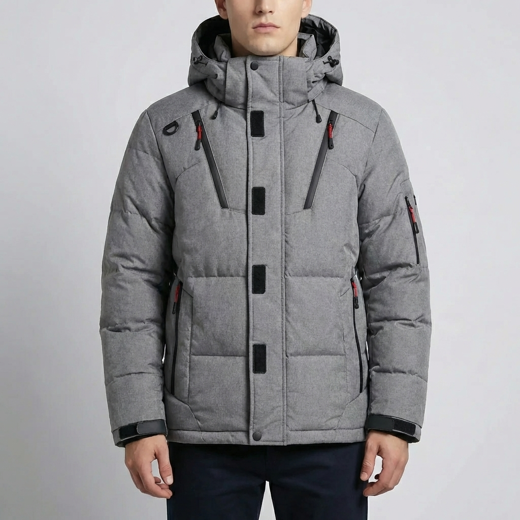 Cozy Puffer Jacket for Men with Hooded Collar Long Sleeve Zip Up Quilted Padded Winter Style