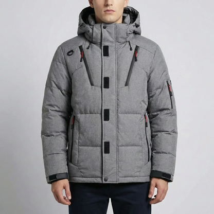Cozy Puffer Jacket for Men with Hooded Collar Long Sleeve Zip Up Quilted Padded Winter Style