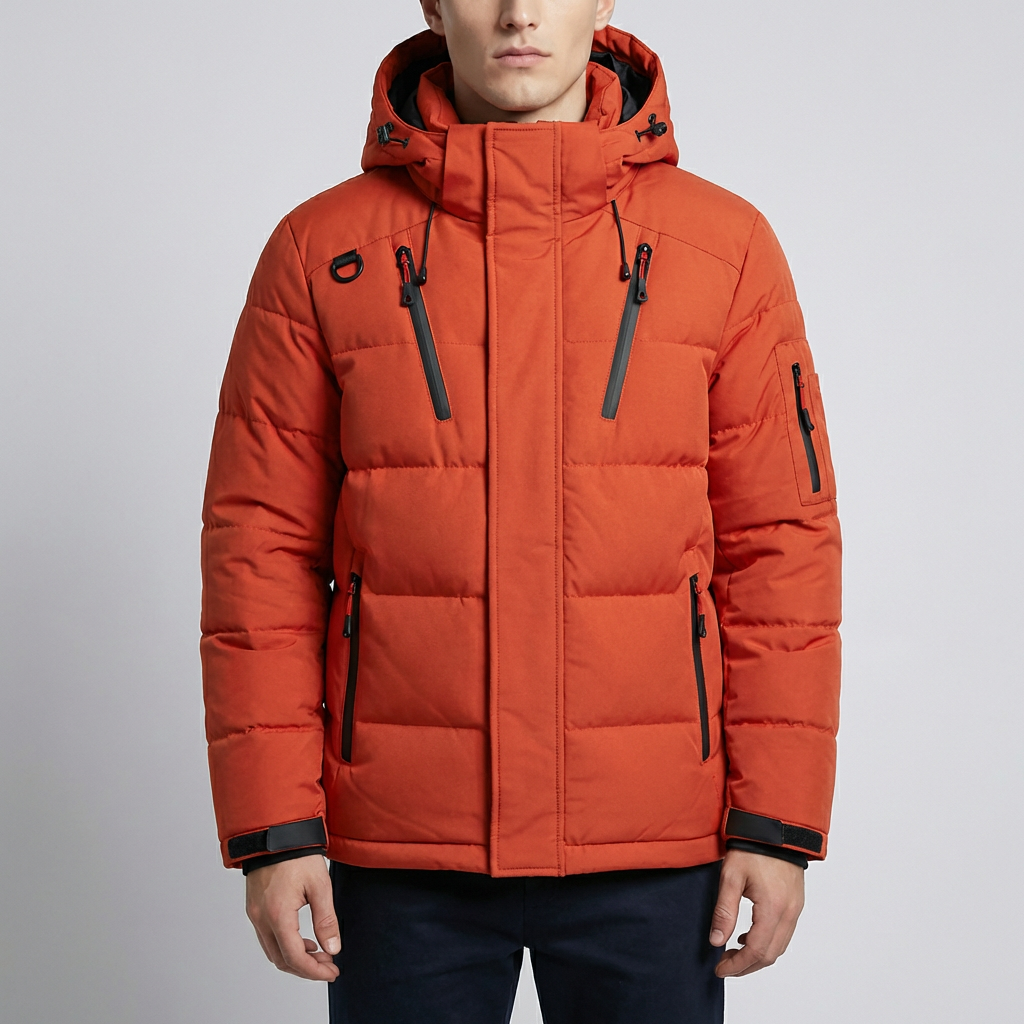 Cozy Puffer Jacket for Men with Hooded Collar Long Sleeve Zip Up Quilted Padded Winter Style