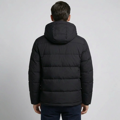 Cozy Puffer Jacket for Men with Hooded Collar Long Sleeve Zip Up Quilted Padded Winter Style