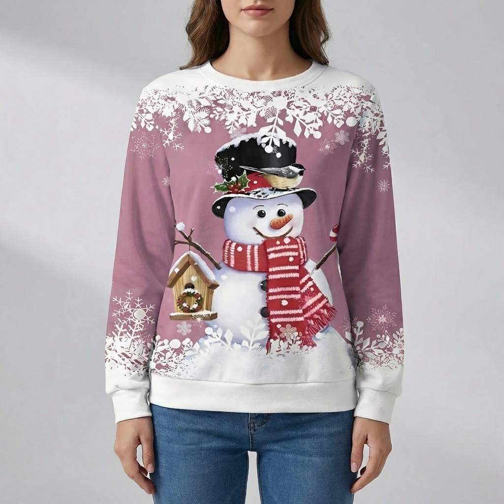 Cozy Christmas Sweatshirt for Women with Crew Neck Long Sleeve Snowman Print Festive Style
