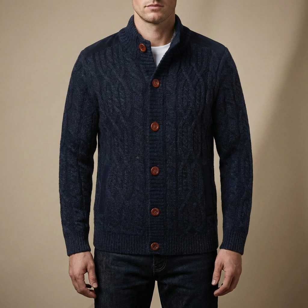 Cozy Cable Knit Cardigan for Men with Stand Collar Long Sleeve Button Up Aran Knit Winter Style
