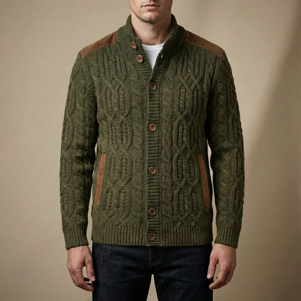 Cozy Cable Knit Cardigan for Men with Stand Collar Long Sleeve Button Up Aran Knit Winter Style