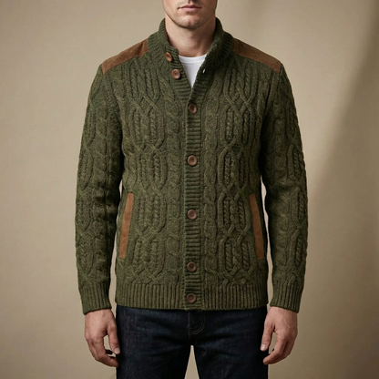Cozy Cable Knit Cardigan for Men with Stand Collar Long Sleeve Button Up Aran Knit Winter Style