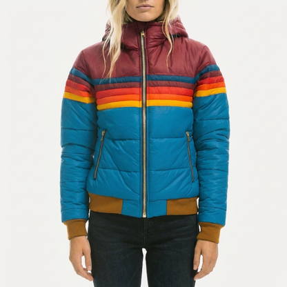 Chic Puffer Jacket for Women with Hooded Collar Long Sleeve Zip Up Colorblock Padded Style