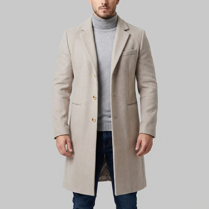 Cozy Wool Long Overcoat for Men with Notched Lapel Long Sleeve Button Front Tailored Winter Style