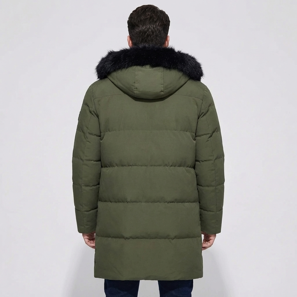 Cozy Long Puffer Jacket for Men with Faux Fur Hood Long Sleeve Zip Up Quilted Longline Style