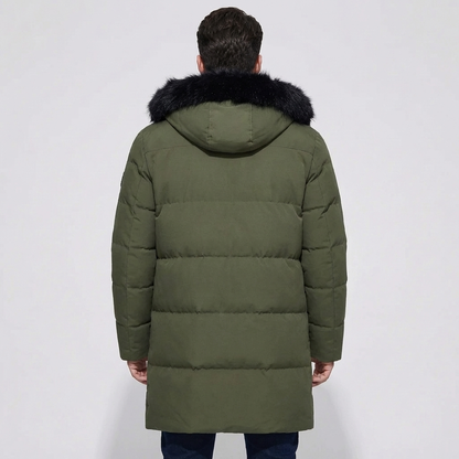 Cozy Long Puffer Jacket for Men with Faux Fur Hood Long Sleeve Zip Up Quilted Longline Style