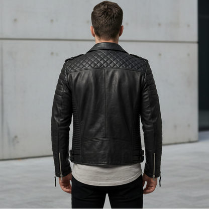 Edgy Leather Jacket for Men with Notch Lapel Long Sleeve Asymmetric Zip Quilted Moto Style