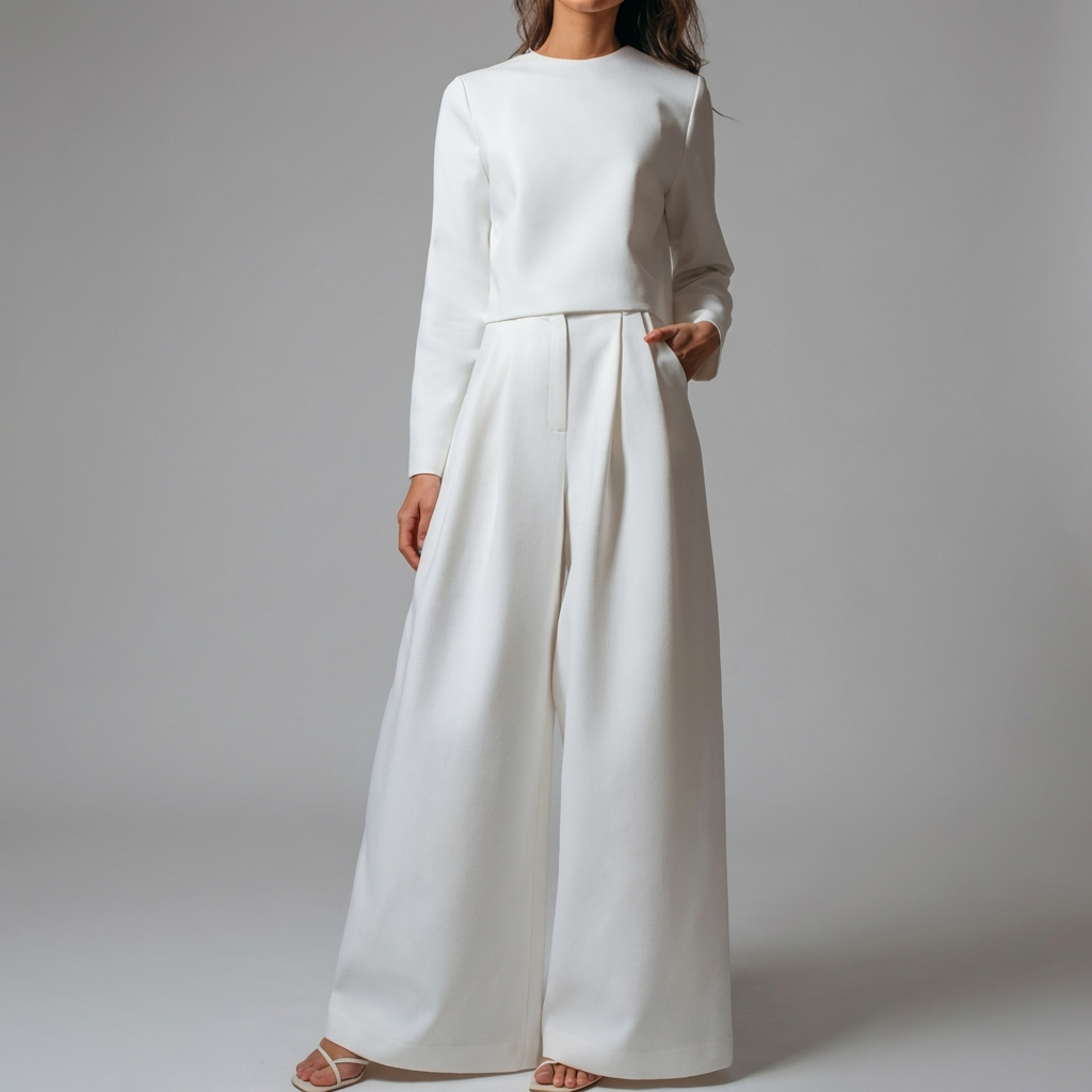 Chic Two Piece Palazzo Set for Women with Crew Neck Long Sleeve Wide Leg High Waist Style