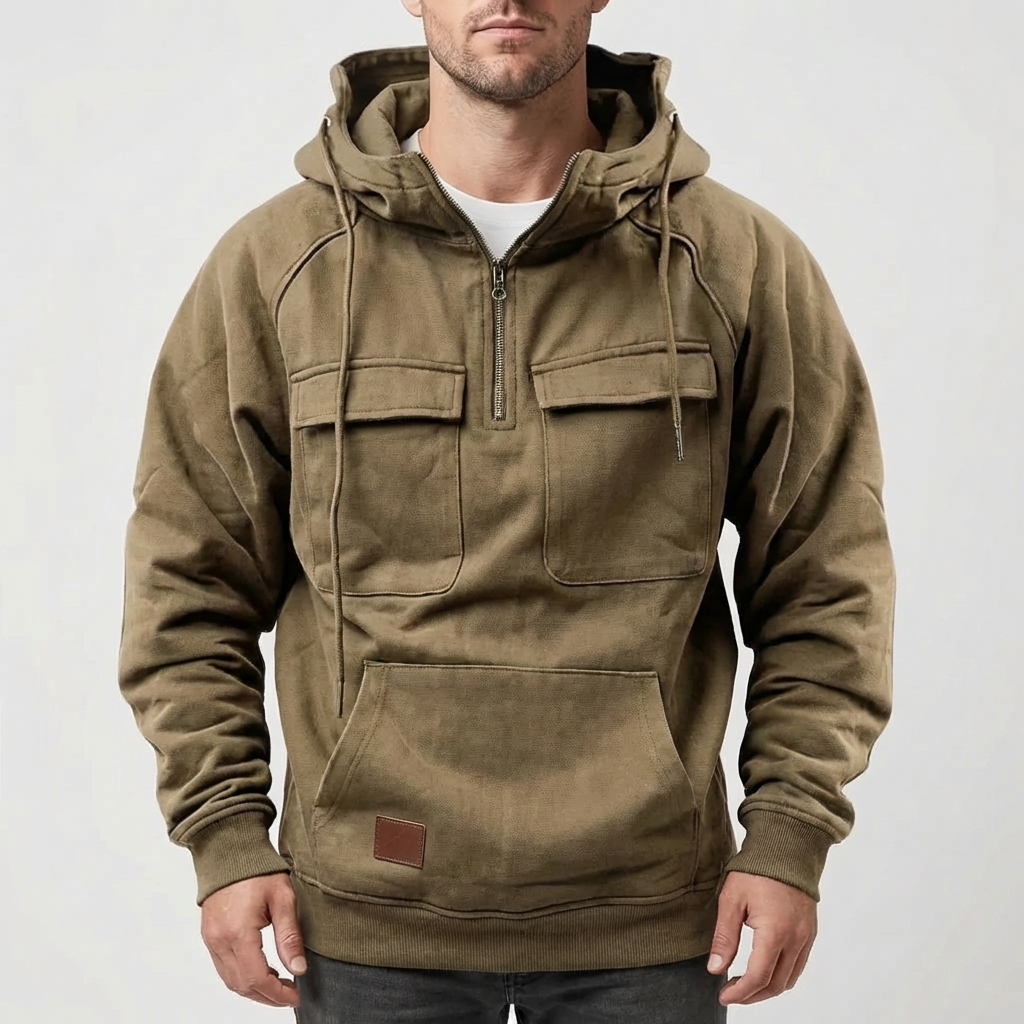 Cozy Fleece Hoodie for Men with Drawstring Hood Long Sleeve Half Zip Kangaroo Casual Style