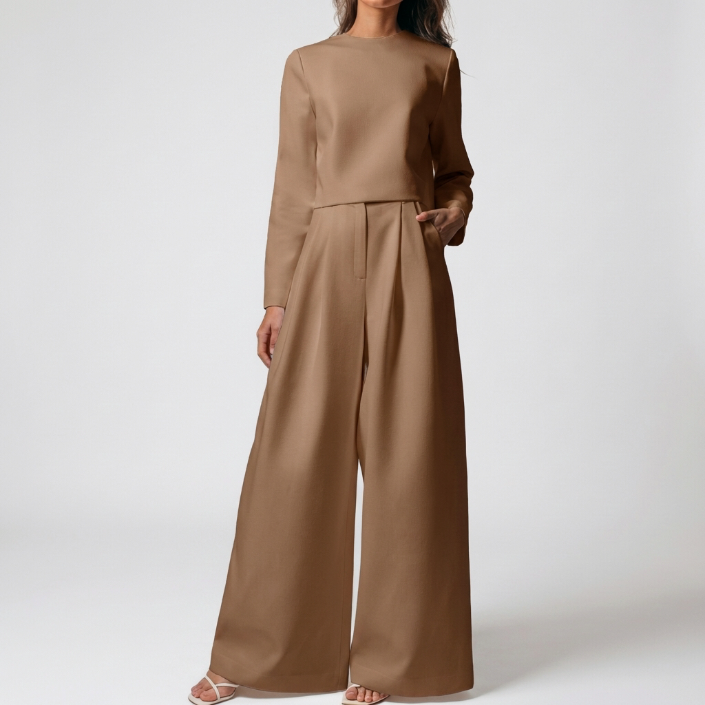 Chic Two Piece Palazzo Set for Women with Crew Neck Long Sleeve Wide Leg High Waist Style