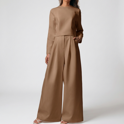 Chic Two Piece Palazzo Set for Women with Crew Neck Long Sleeve Wide Leg High Waist Style