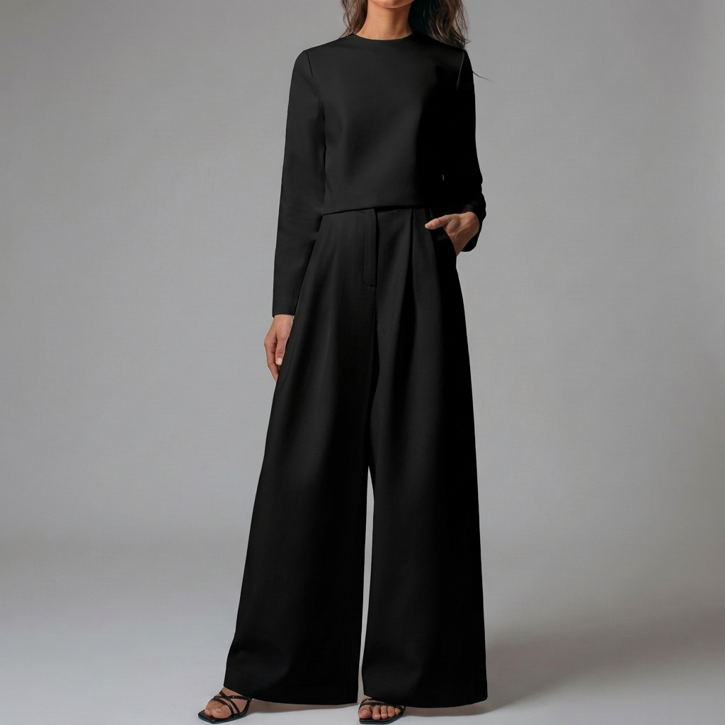 Chic Two Piece Palazzo Set for Women with Crew Neck Long Sleeve Wide Leg High Waist Style