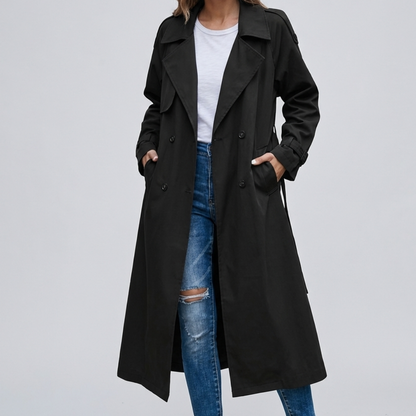 Classic Trench Coat for Women with Notched Lapel Long Sleeve Double Breasted Belted Longline Style