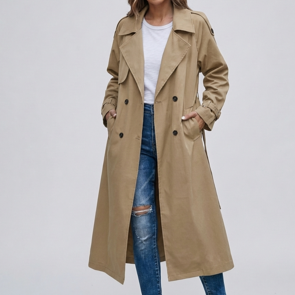 Classic Trench Coat for Women with Notched Lapel Long Sleeve Double Breasted Belted Longline Style