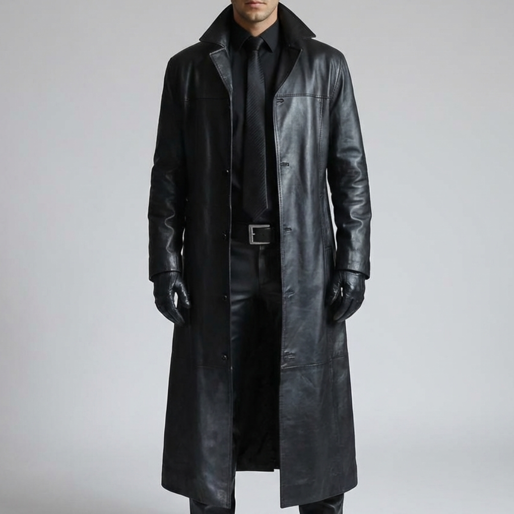 Chic Leather Trench Coat for Men with Notch Lapel Long Sleeve Single Breasted Longline Duster Style