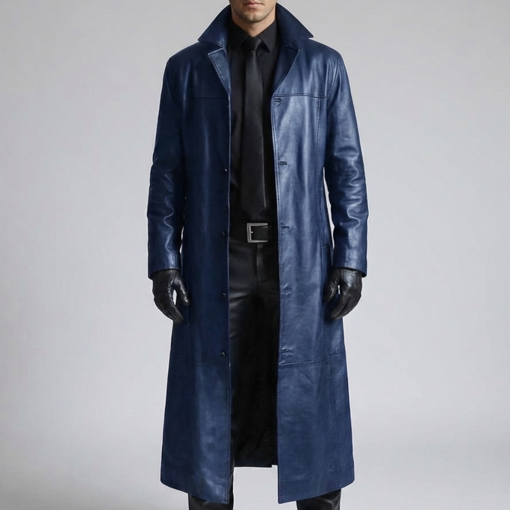 Chic Leather Trench Coat for Men with Notch Lapel Long Sleeve Single Breasted Longline Duster Style